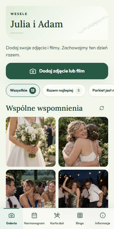 Galeria Konferi w motywie Ogród z zielonym akcentem, z przyciskiem dodawania zdjęć i filmów